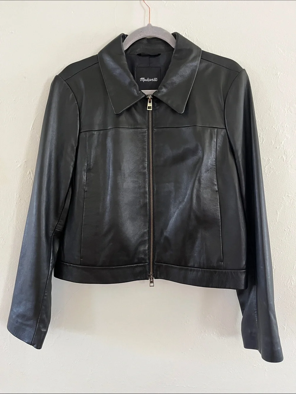 Madewell Black Shrunken Leather Jacket Size 14 NWOT Cropped Fit - Picture 2 of 6